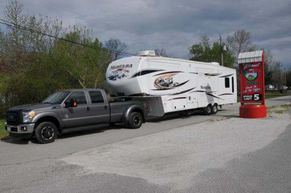 Our rig in "traveling" mode...avg. weight on the rig 15400, running on Goodyear G614 14ply on the trailer.  Have air lift on the truck to help stay off overload springs makes for smooth pulling usually.  Truck is a 2014 F350 6.7 diesel, which avgs 12-13 mph when towing