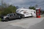 Our rig in "traveling" mode...avg. weight on the rig 15400, running on Goodyear G614 14ply on the trailer.  Have air lift on the truck to help stay...